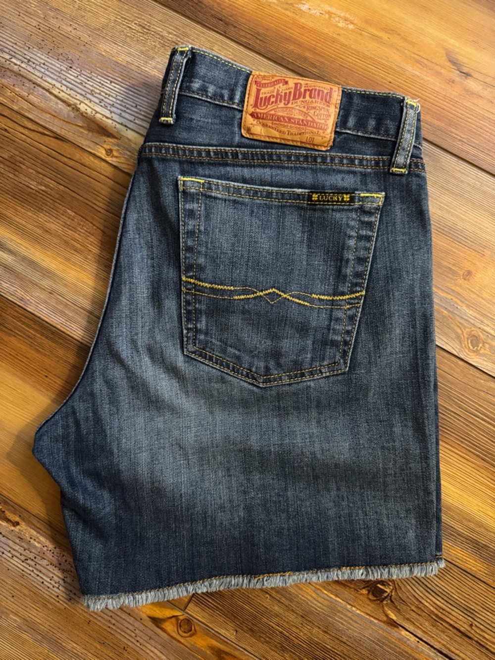 Lucky Brand Dark Blue Denim Jean Shorts with Yellow Stitching